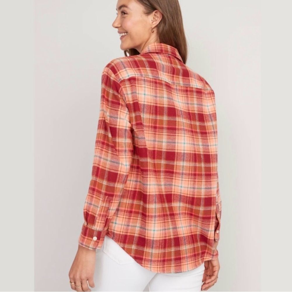 Old Navy Orange Red Long-Sleeve Tunic Boyfriend Plaid Flannel Shirt NWT 2X - Picture 5 of 16